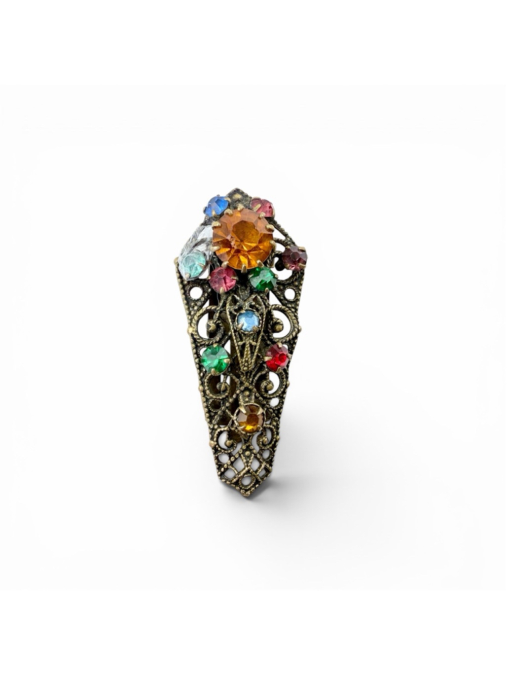 Antique 1920s Czech Filigree Dress Clip Brooch Art Deco Multicolor Rhinestone